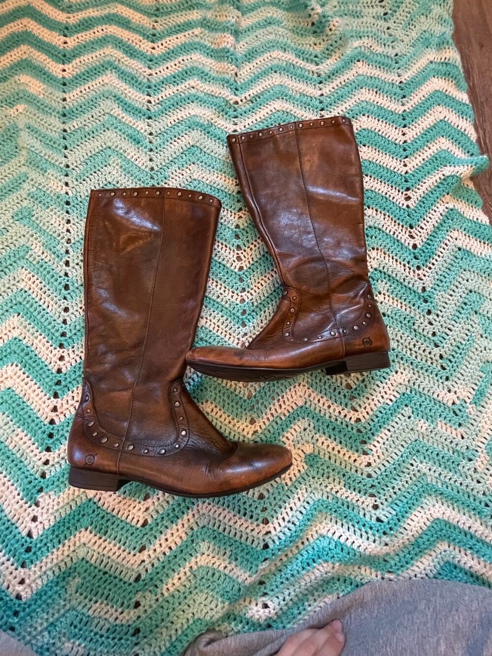 born leather with gun metal round studded boots